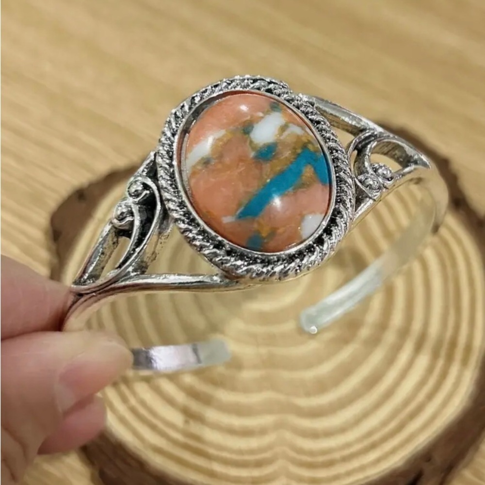 Boho Vintage Style Oval Faux Turquoise Inlaid Cuff Bracelet